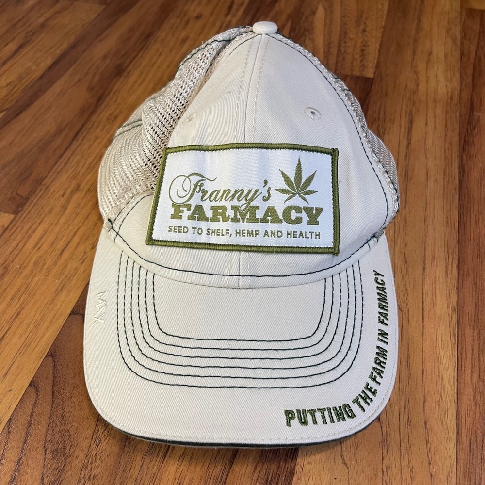 Franny's Farmacy Trucker Hat Adult OSFM Mesh Back Cap Tan Green Cotton